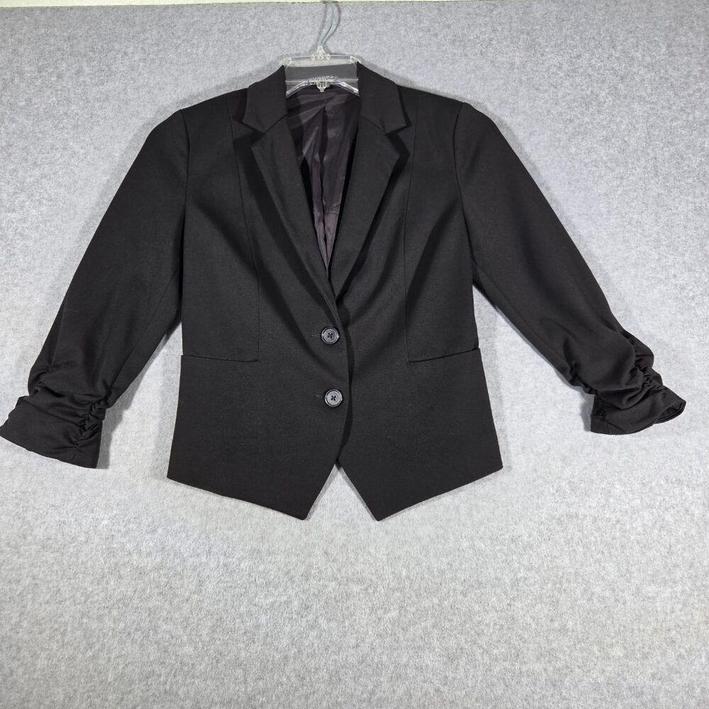 Express Womens Black Blazer Size 4 Ruched 3/4 Sleeve Two Button Lined Jacket